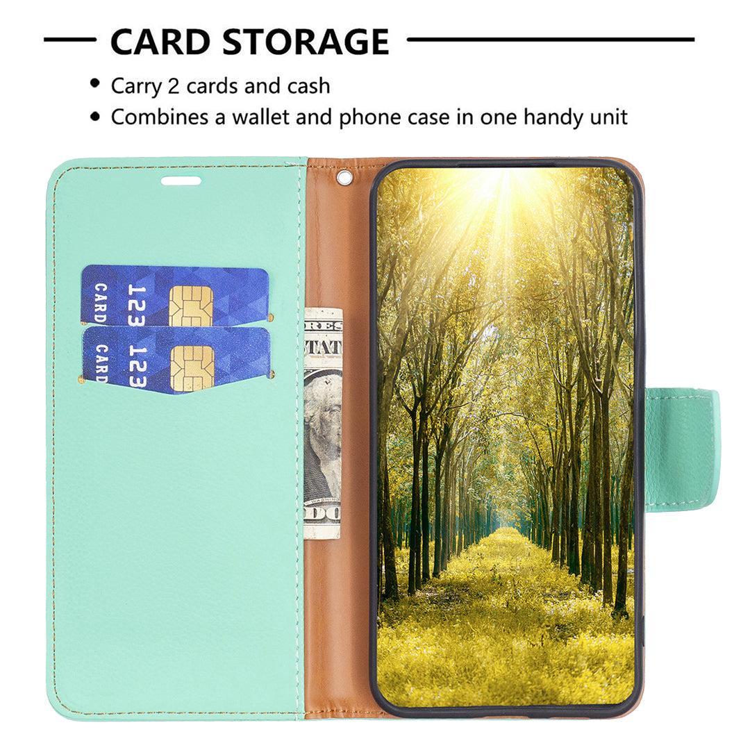 Uniqkart for iPhone 15 Plus Dustproof PU Leather Cell Phone Cover Wallet Litchi Texture Flip Stand Case with Strap - Green Uniqkart for iPhone 15 Plus Dustproof PU Leather Cell Phone Cover Wallet Litchi Texture Flip Stand Case with Strap - Green